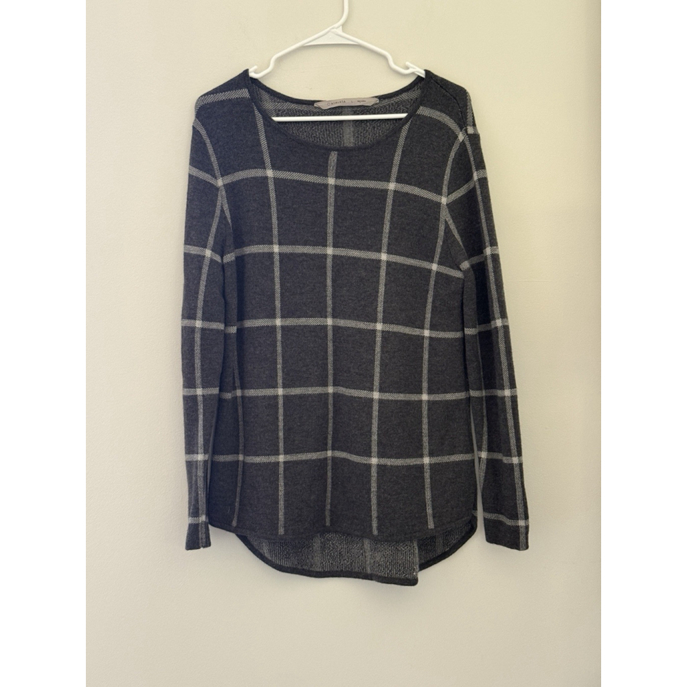 Athleta Merino Extra Fine Wool Dakota Windowpane Pullover Sweater Womens L Gray